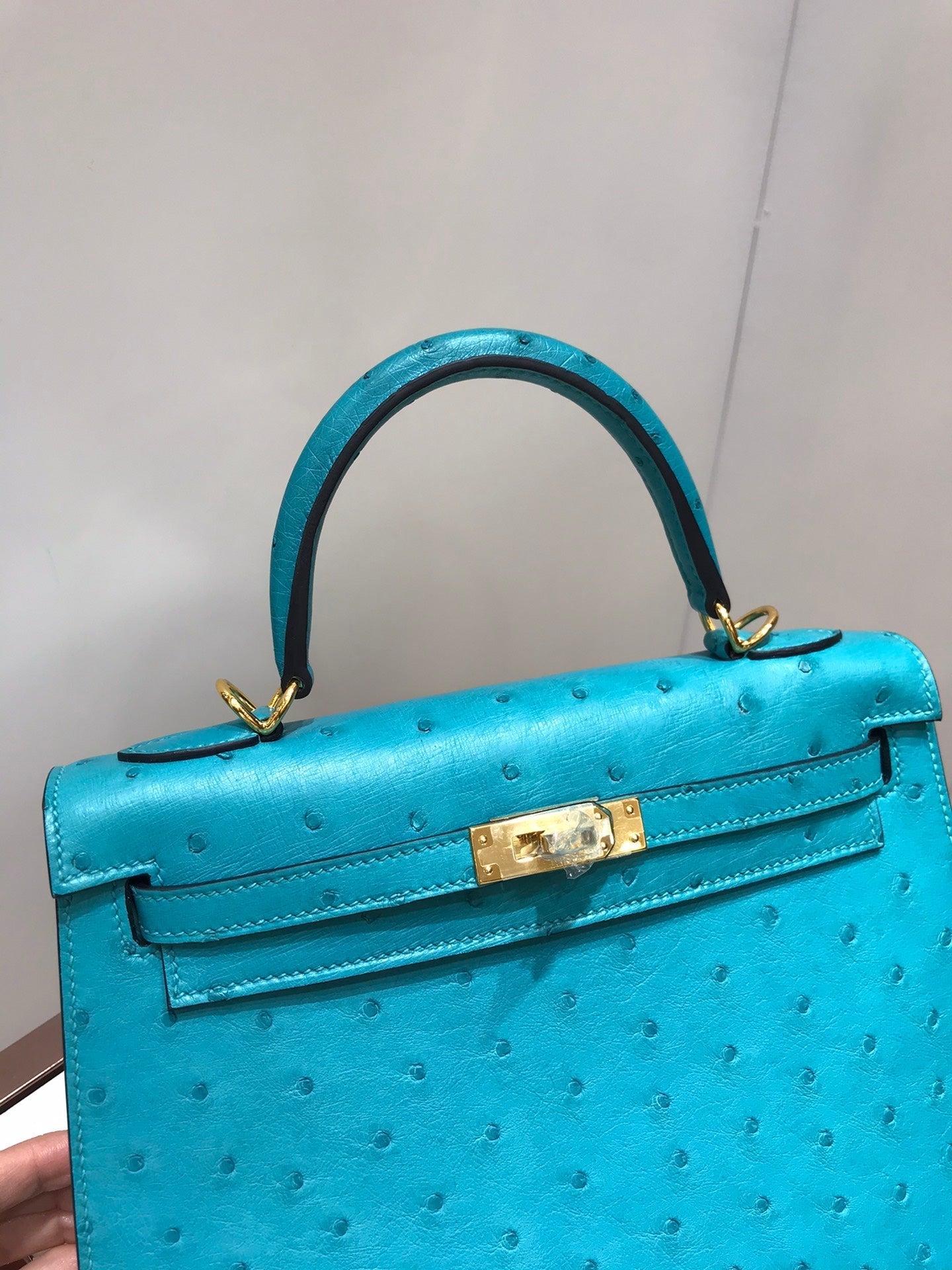 HM kelly bag 25  peacock blue Ostrich leather wax thread handwork