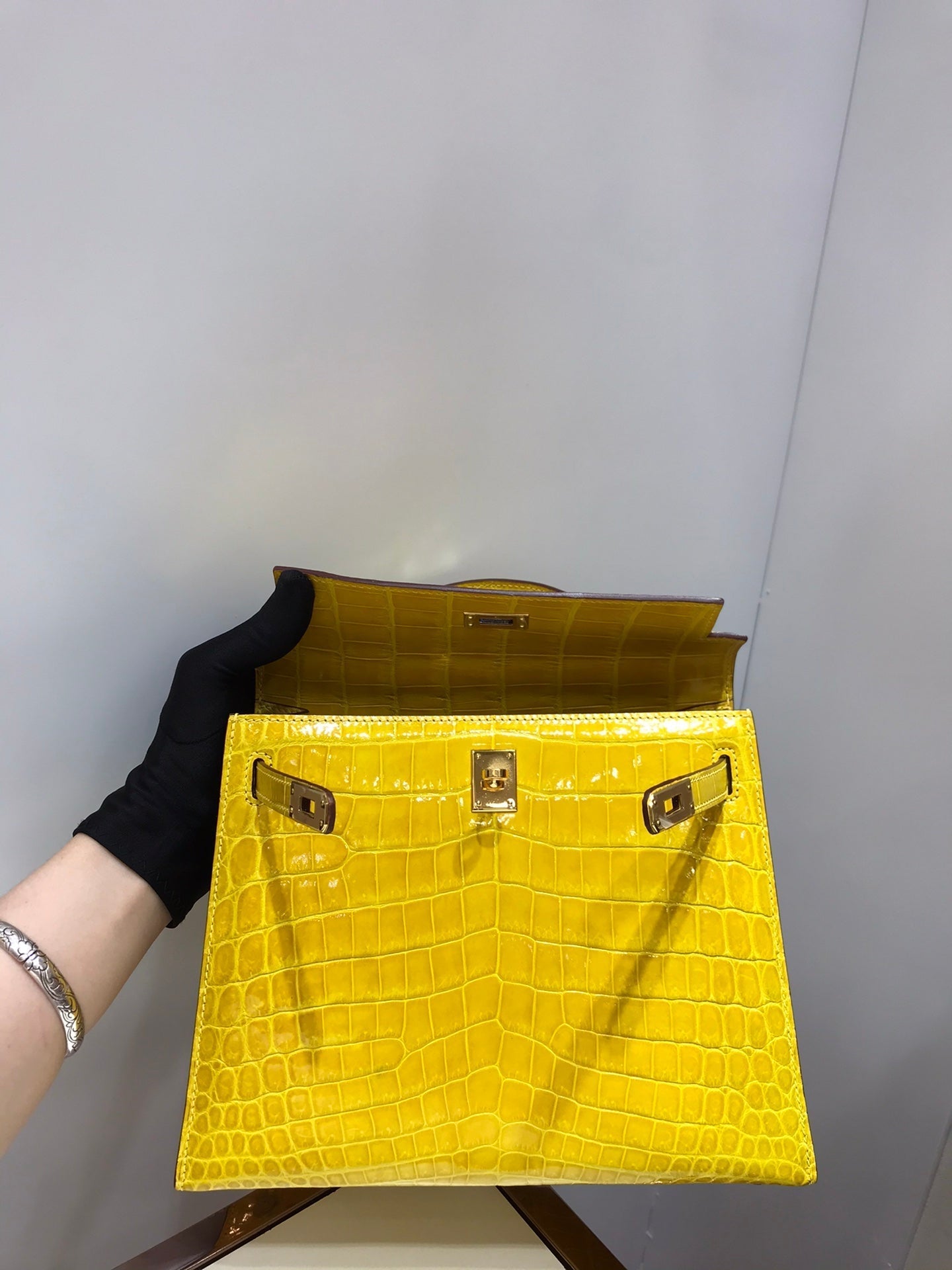 HM kelly real crocodile leather 25cm YELLOW