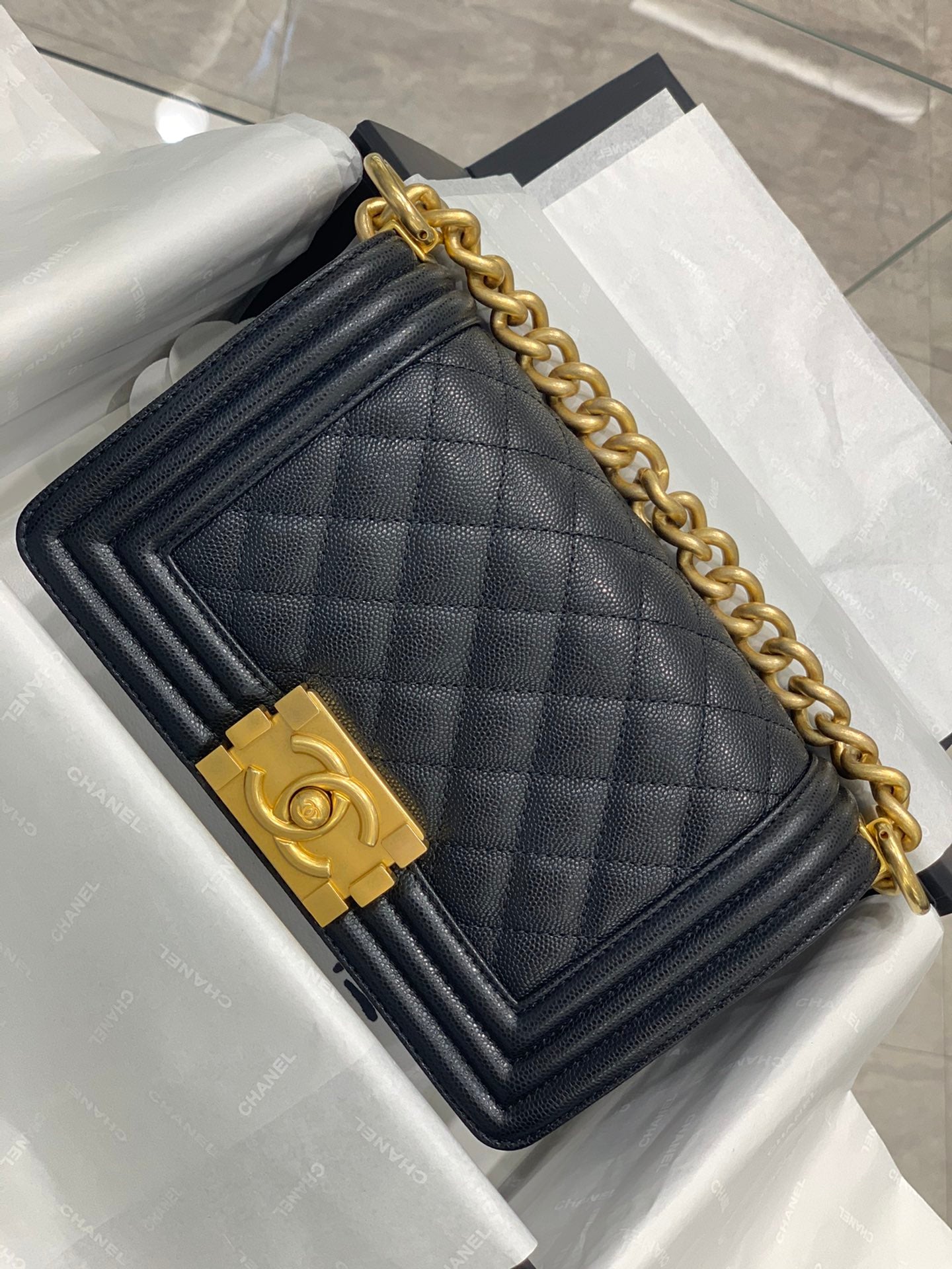 CHA Black Leboy 20cm small size Diamond lattice gold originalFrench Haas small ball caviar cowhide