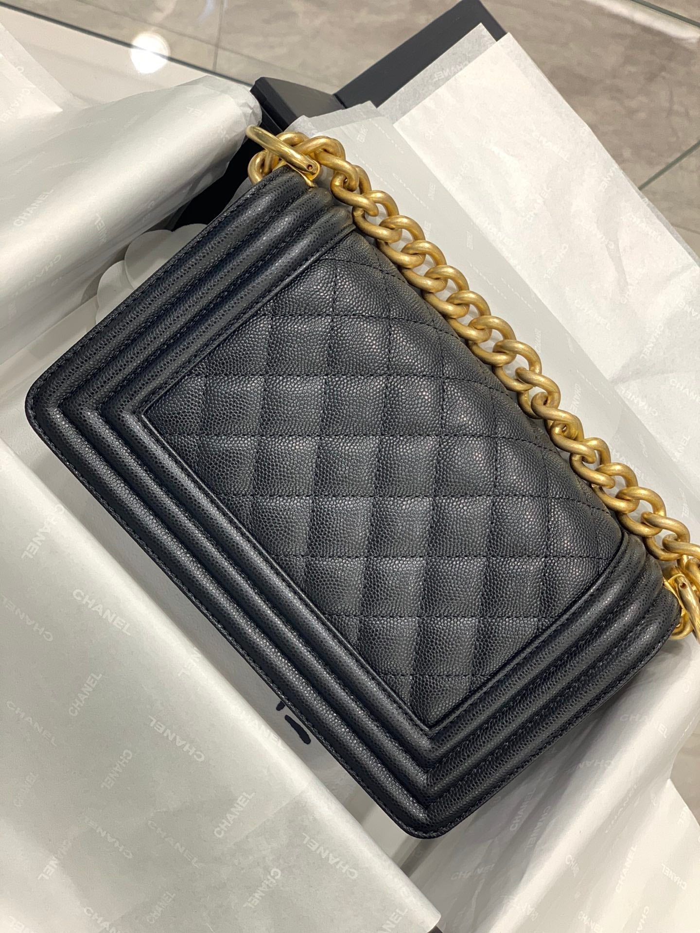 CHA Black Leboy 20cm small size Diamond lattice gold originalFrench Haas small ball caviar cowhide