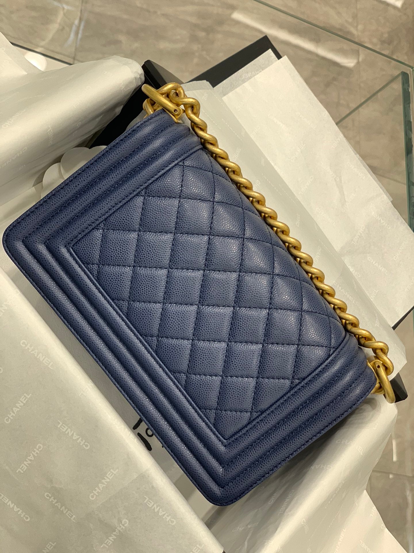 CHA Dark blue Leboy 20cm caviar cowhide 20cm Diamond lattice Ancient originalFrench Haas small ball