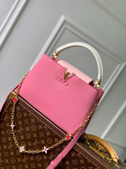 M22375 Capucines MM Taurillon 31.5cm pink COWHIDE/ REAL LEATHER