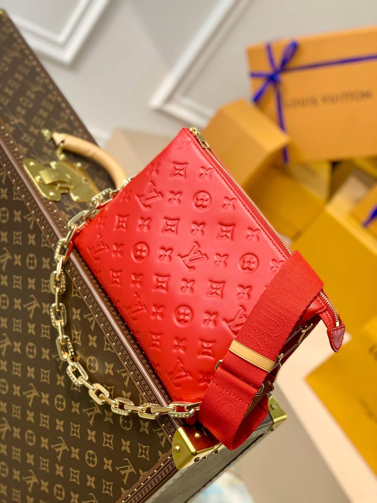 M57792 Coussin Monogram 26cm red Female bag All leather