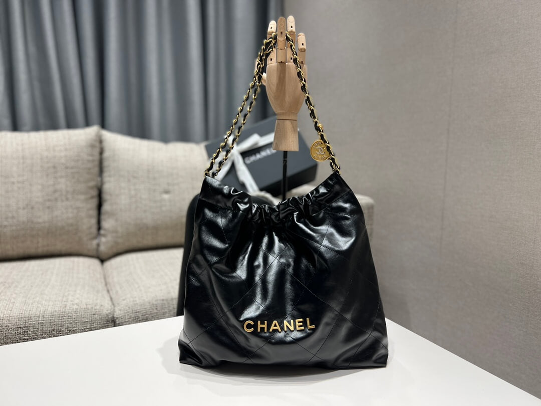 CHA 22 BAG Calfskin gold metal black