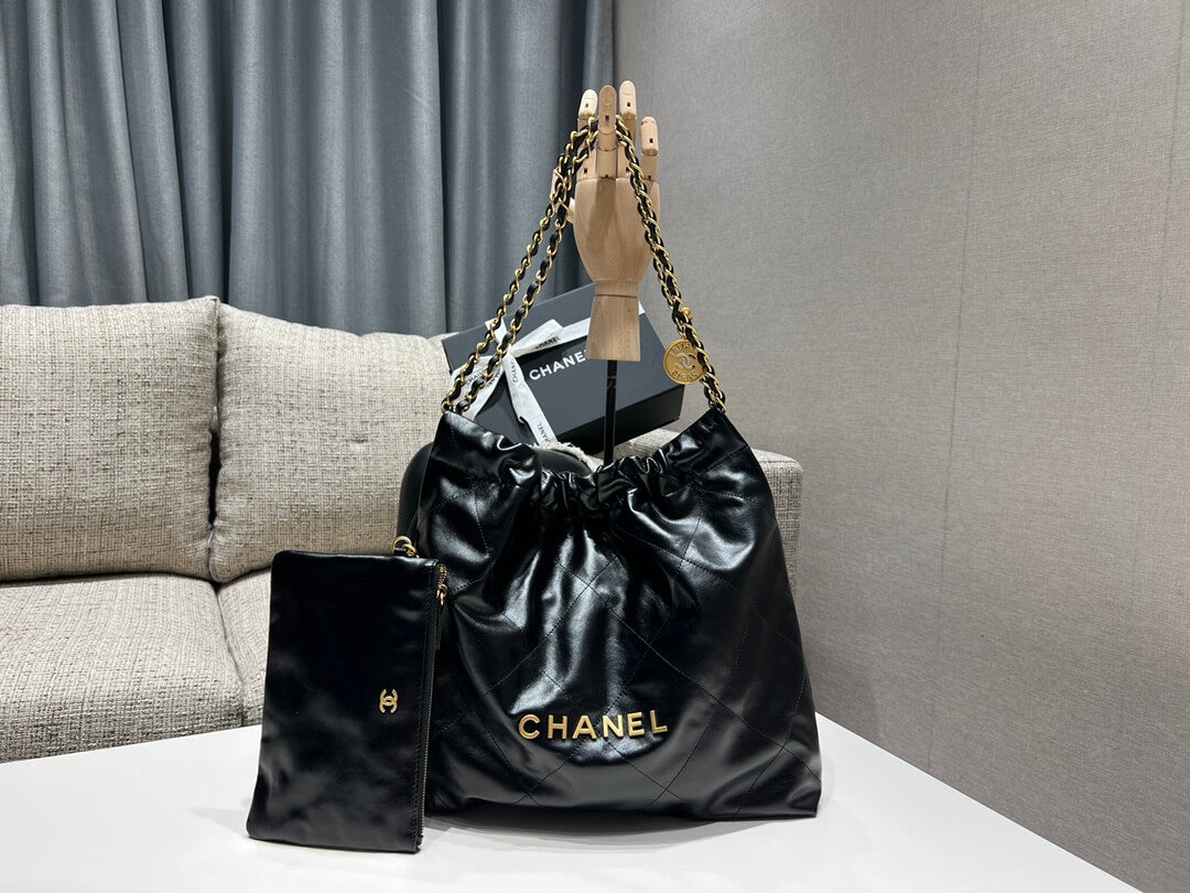 CHA 22 BAG Calfskin gold metal black