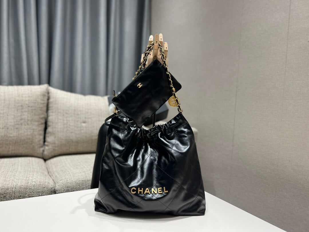 CHA 22 BAG Calfskin gold metal black