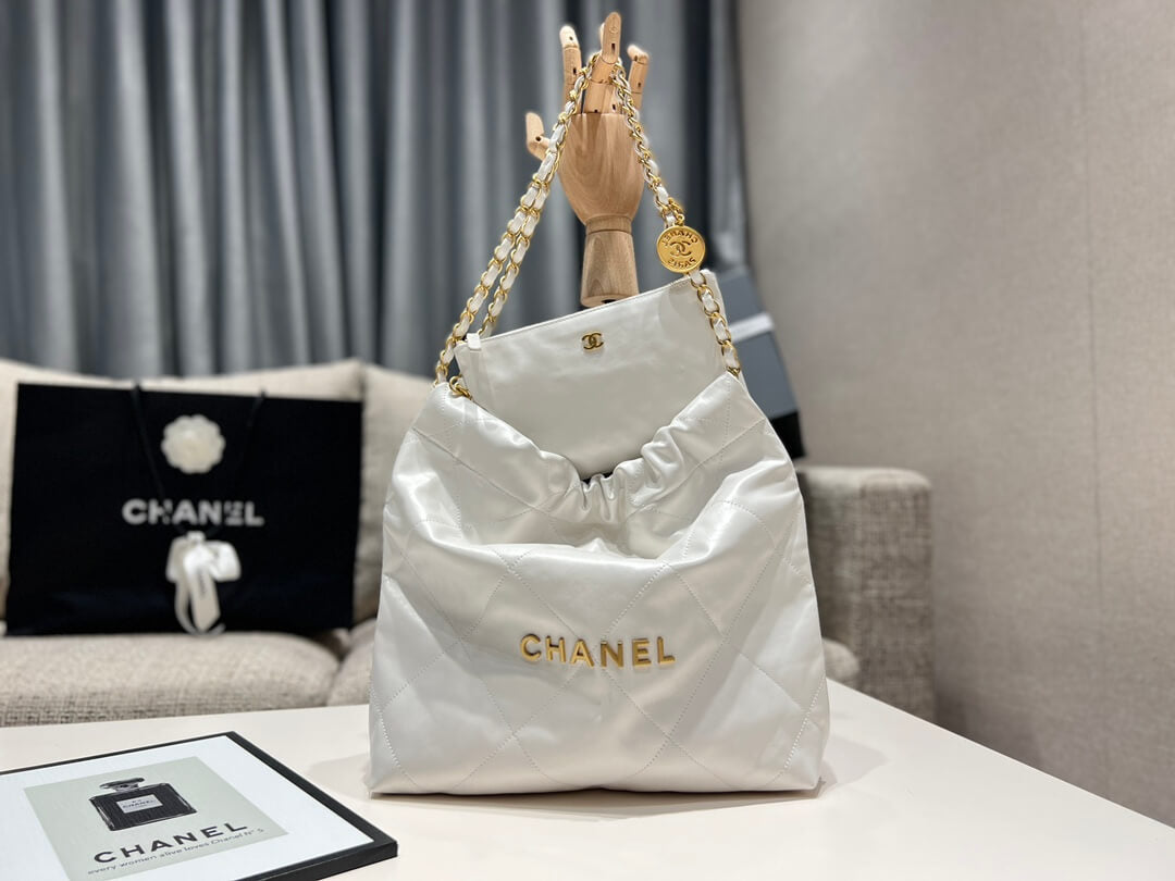 CHA CHANE 22 BAG PM white Calfskin  gold metal 35cm