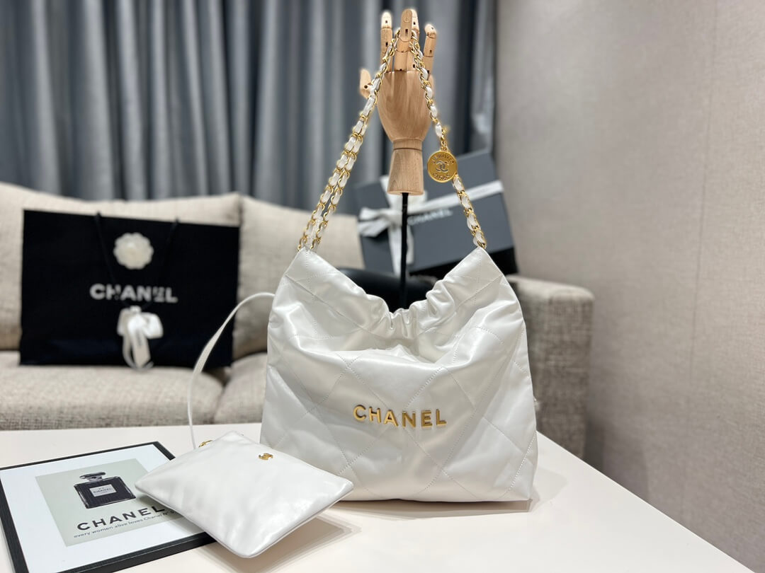 CHA CHANE 22 BAG PM white Calfskin  gold metal 35cm