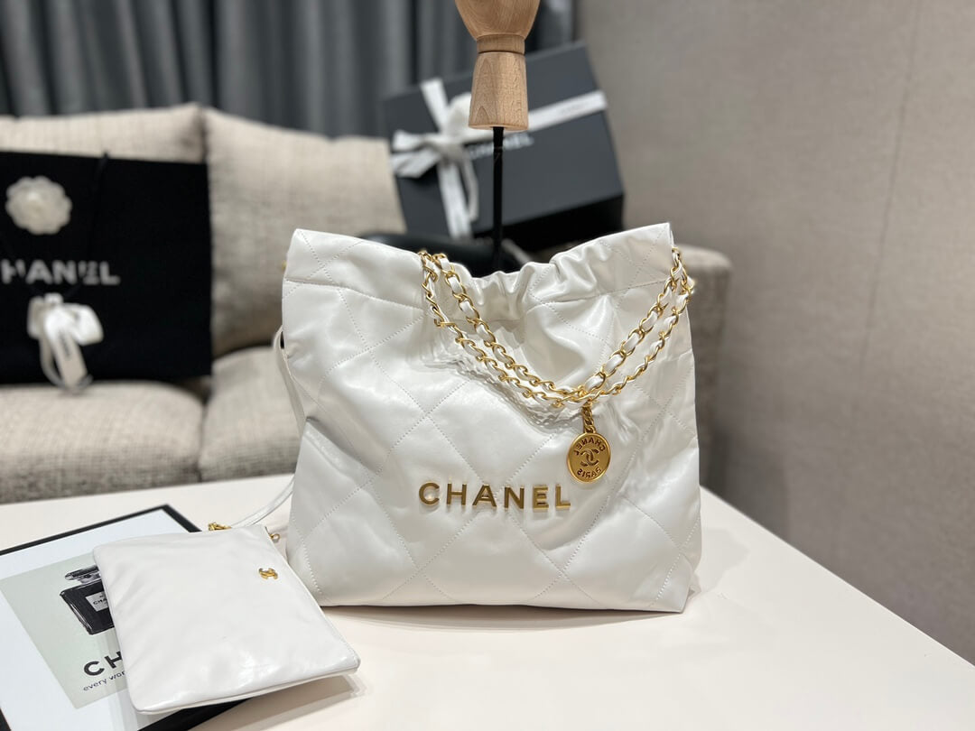 CHA CHANE 22 BAG PM white Calfskin  gold metal 35cm