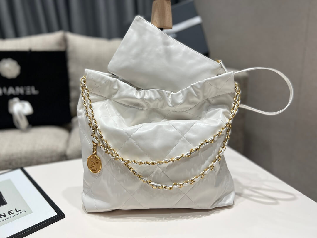 CHA CHANE 22 BAG PM white Calfskin  gold metal 35cm