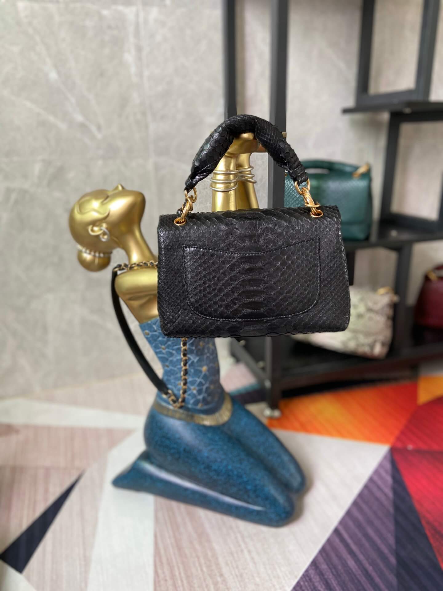 CHA AS2044 Handbag blue black Genuine snakeskin Leather