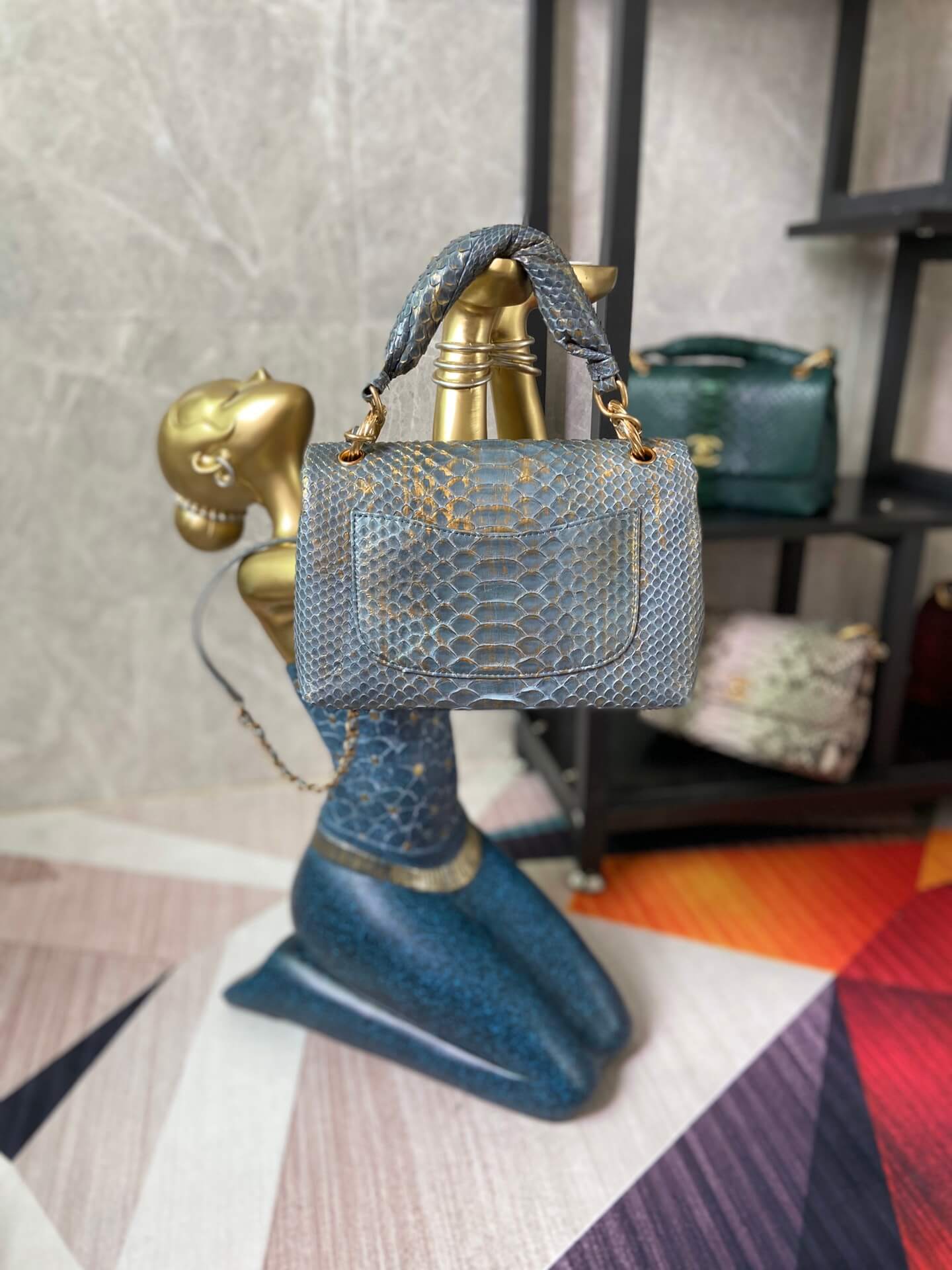 CHA AS2044 Handbag blue black Genuine snakeskin Leather