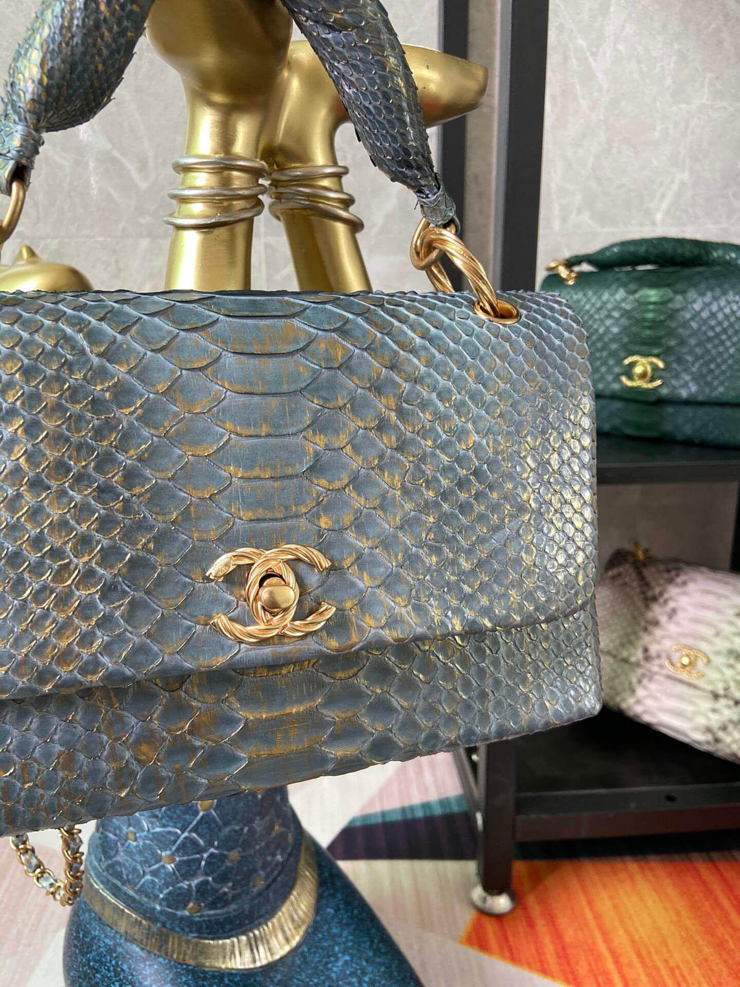 CHA AS2044 Handbag blue black Genuine snakeskin Leather