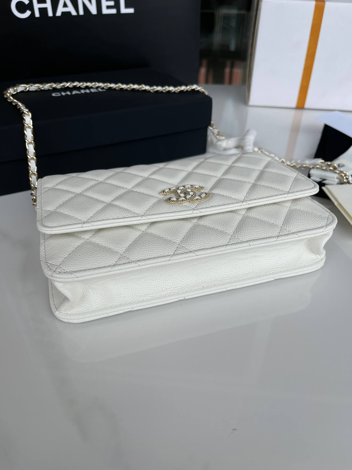 CHA AP2734 Woc blingbling shoulder bag cross body bags Leather black white 19cm