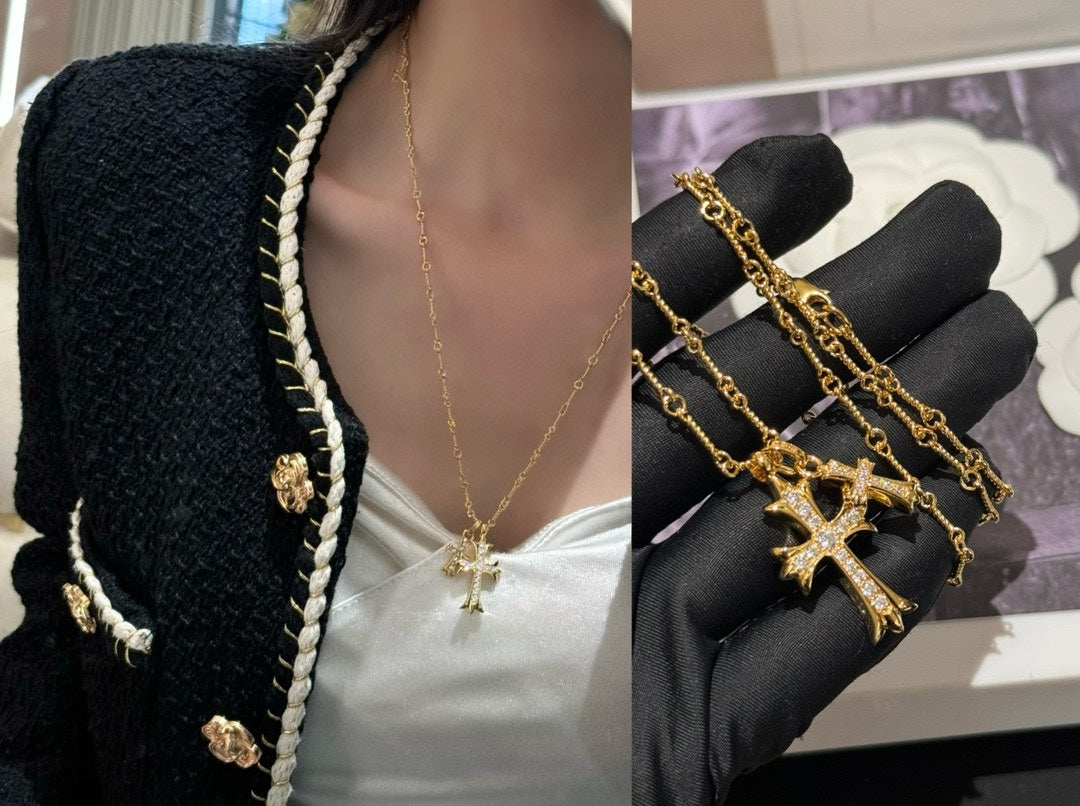 Internet celebrity hot selling niche design high-end double cross diamond necklace/thick plated 18k gold XLZD020C42