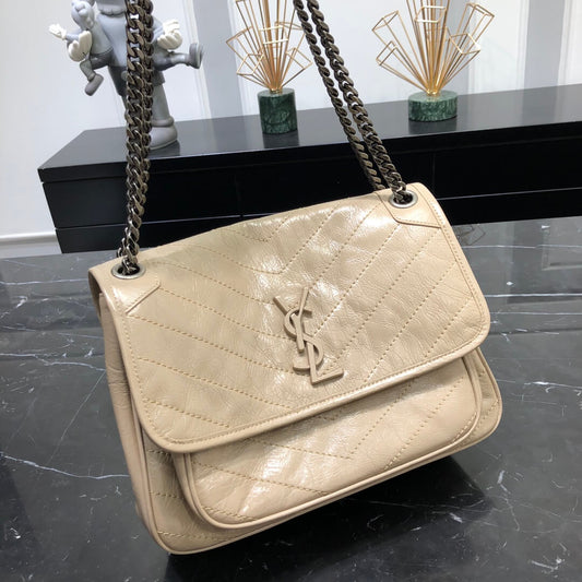 YSL NIKI medium 28cm cream tea fold retro leaher shoulder bag 633158