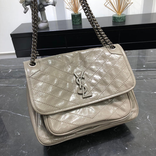 YSL NIKI medium 28cm new light grey fold retro leaher shoulder bag 633158